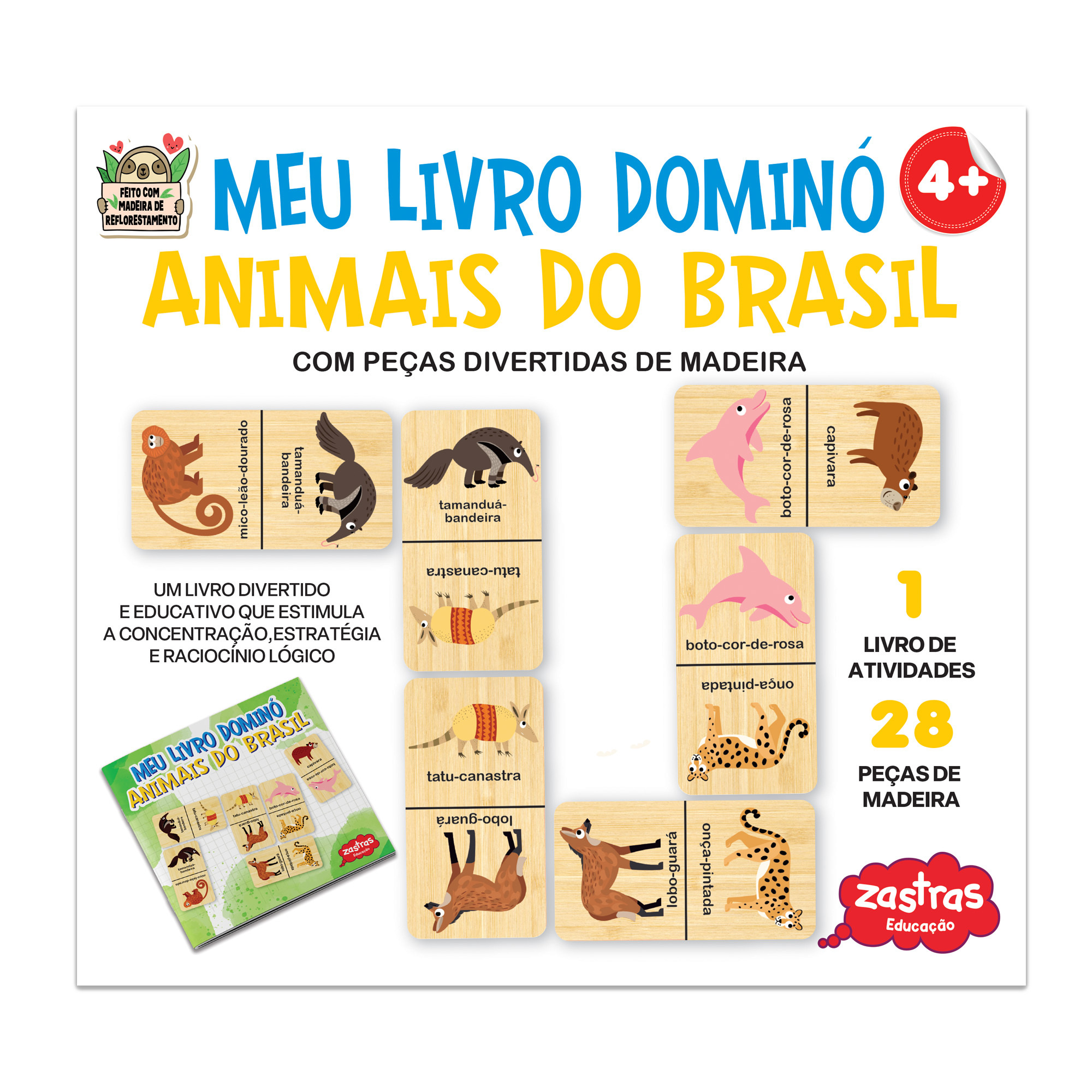 Meu livro Dominó Animais do Brasil com peças de madeira